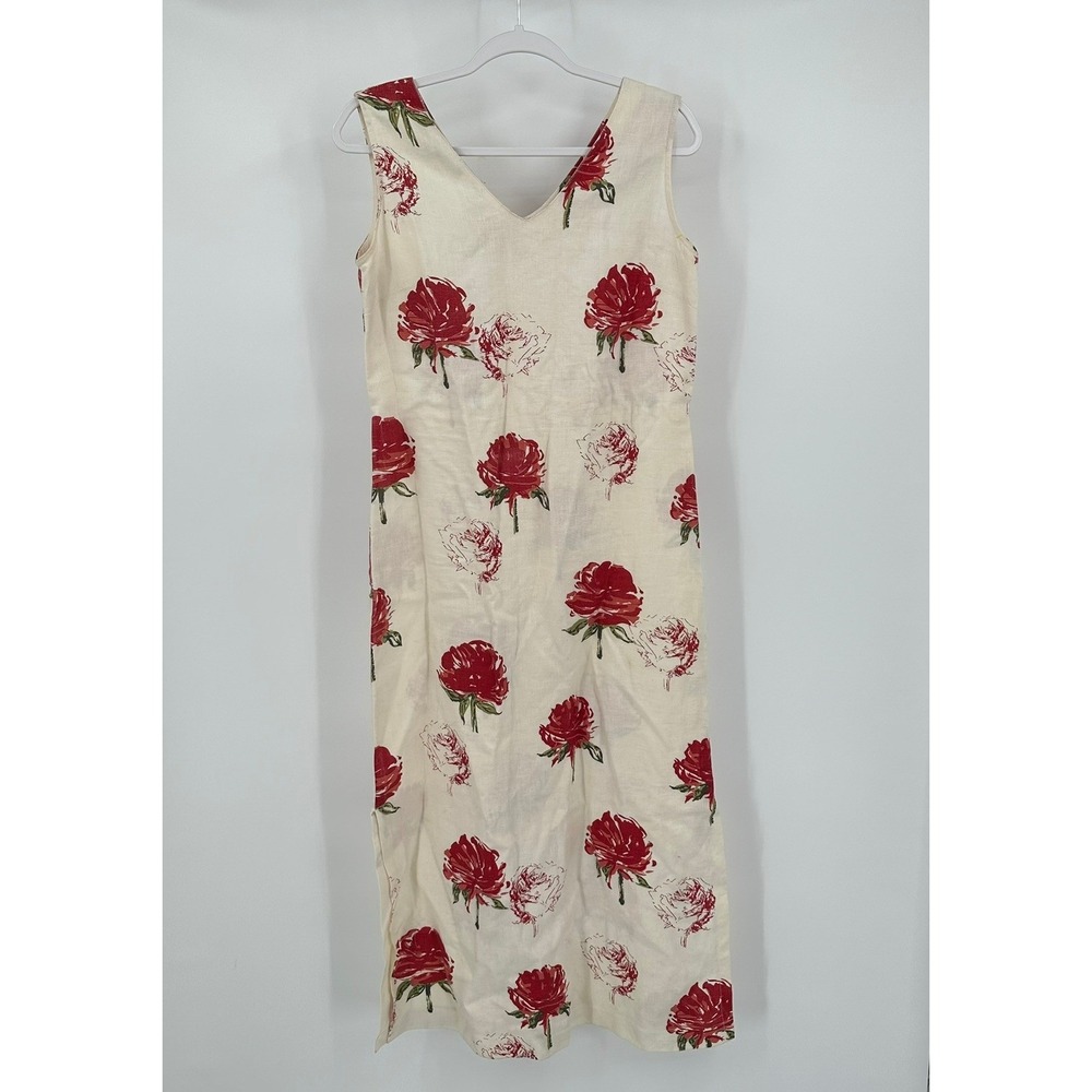 Robert Kitchen Womens Floral Linen Maxi Dress Sz M Garden Party Rose Shabby Chic